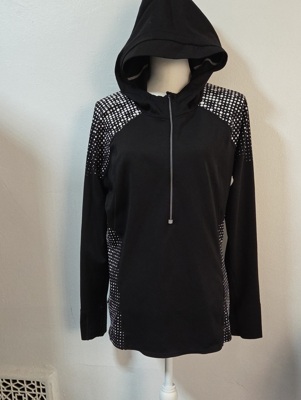 Athleta Black Hooded Pullover with White Dot Panels XL